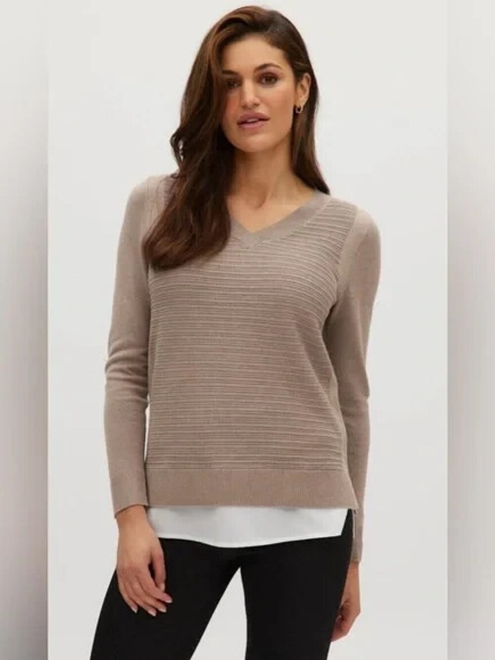 Hilary Radley Two-Fer Layered Sweater Women's 2XL XXL Heather Mocha Tan V-Neck